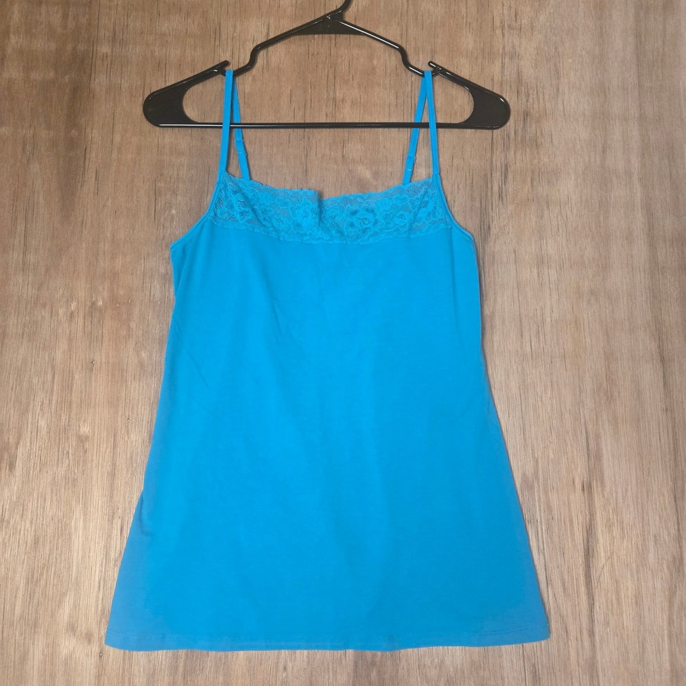 Y2K Lace Trim Cami Pima Cotton Blend Camisole Top Turquoise Blue Size L